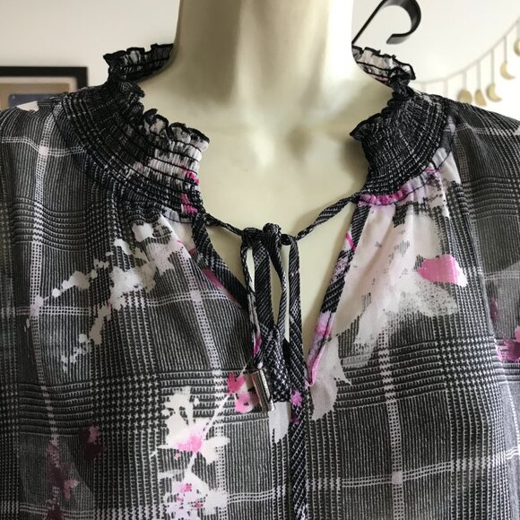 DKNY size XL Sheer Black Glen Plaid Chiffon Pink Floral & Lace Blouse Top - Picture 2 of 8